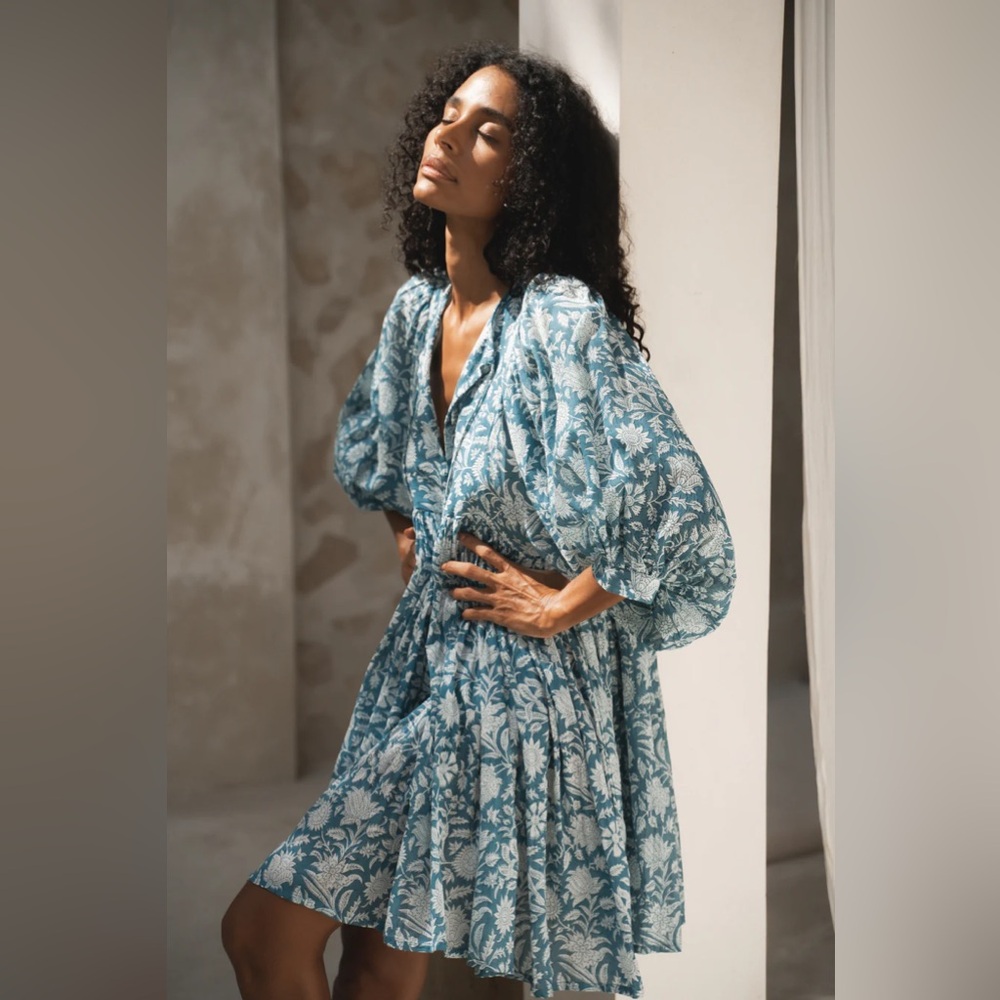 Daughters of India Teal Floral Puff-Sleeve Mini Dress